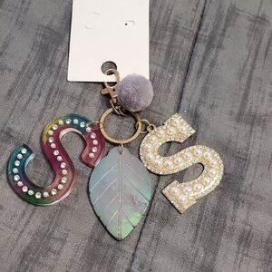 Pearl-Embellished S Letter Keychain with Iridescent Leaf and Pom